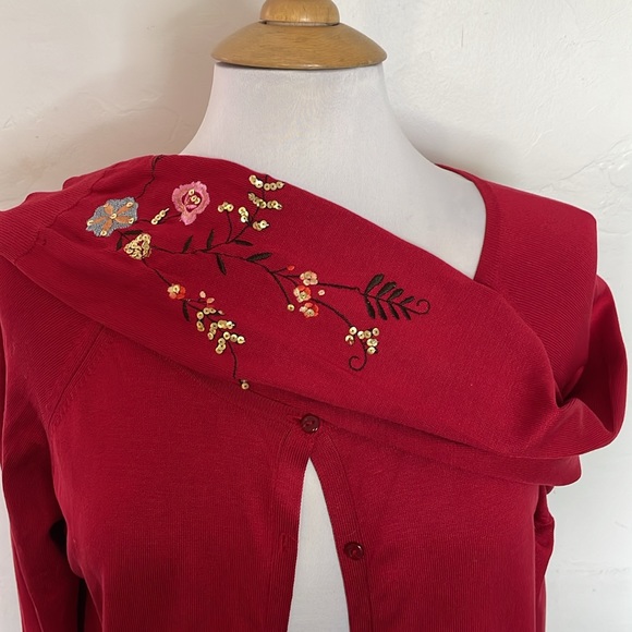 August Silk Knits Red Cartigan Embroidery Sequins Sleeve Back Floral Designs - Picture 3 of 12